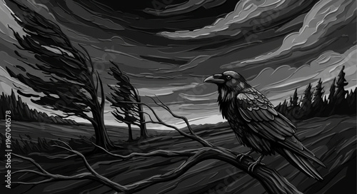 A solitary raven perches on a dead branch under a stormy sky.