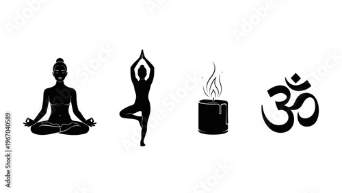 Silhouette Collection of Meditation Yoga Candle and Om Symbol in Minimalist Style for Spiritual