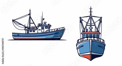 Two stylized blue fishing boats, one side view, one front view