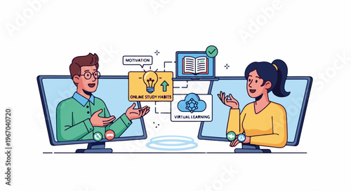 Two people on screens connect through virtual learning and online study habits
