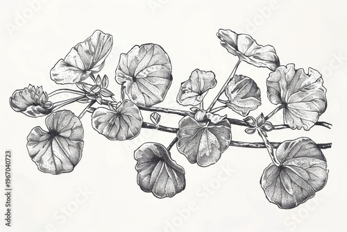 Detailed black and white botanical illustration of nasturtium leaves with stems. Centella sketch
