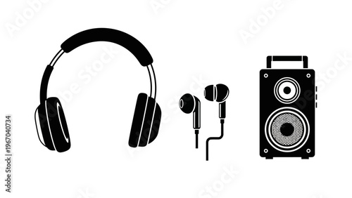 Silhouette Illustration of Headphones Earbuds and Portable Speaker for Music Devices