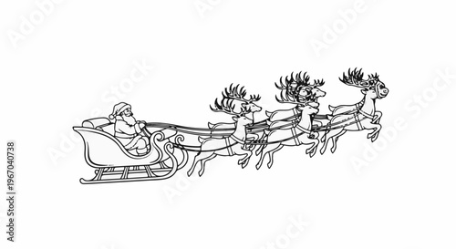 Santa Claus rides in a sleigh pulled by four reindeer across a white background