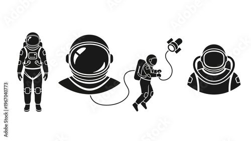 Silhouette of Diverse Astronauts Engaged in Space Exploration Activities All Black Icons