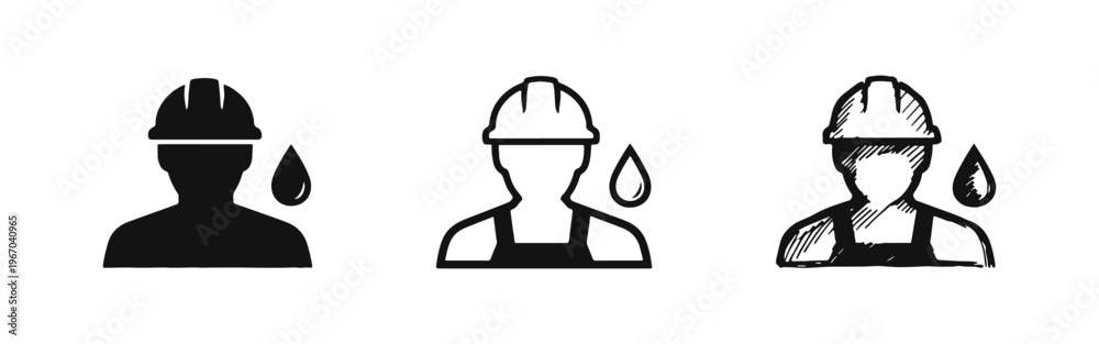 Fototapeta premium Oil worker icon set with hard hat and liquid drop, representing petroleum industry and energy production roles.