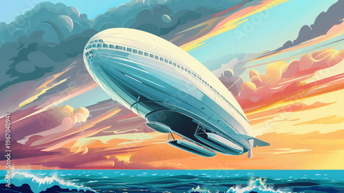 Airship above ocean with colorful sky illustration for travel concept