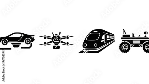 Silhouettes of Various Modern and Innovative Transportation Vehicles in a Row