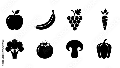 Silhouettes of Various Fresh Vegetables and Fruits in a Minimalist Style for Healthy Lifestyle