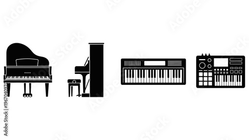 Silhouettes of Various Musical Instruments Including Piano Violin Keyboard and Drum Machine