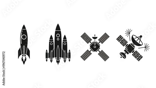Silhouettes of Various Space Exploration Vehicles and Satellites in Black