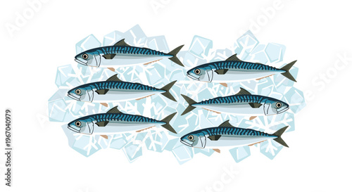 Six fresh mackerel fish are scattered among light blue ice cubes against a pure white background.