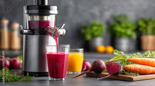 Beets and carrots being juiced in a modern cold press juicer with vibrant liquid pouring into a glass, side view with kitchen details, healthy nutrition concept