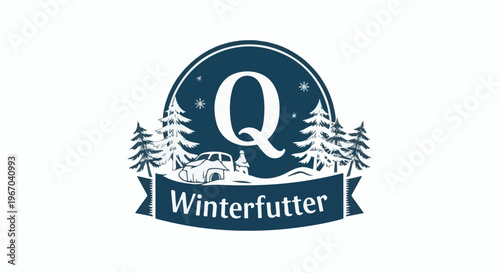 Snowy scene with a car, tent, and trees, featuring the letter Q