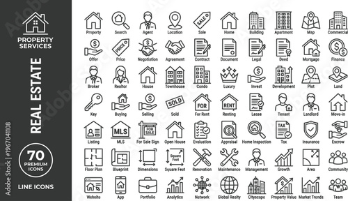 A collection of 70 premium line icons for real estate and property services Ai, eps, jpg, transparent background, eps