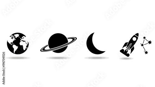 Space Exploration Icons Set Featuring Earth Planet Saturn Crescent Moon Rocket Stars