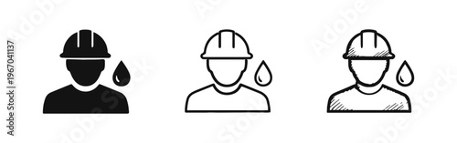 Oil and gas industry worker icon set with hard hat and liquid drop, symbolizing various energy sector roles.
