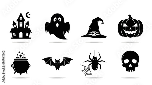 Spooky Halloween Icons Collection Featuring Haunted House Ghost Bat and Jack-o'-lantern Silhouettes