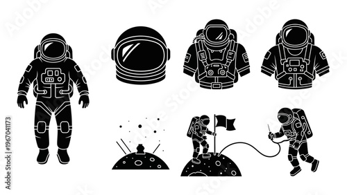Stylized astronaut illustrations in black and white with space exploration themes