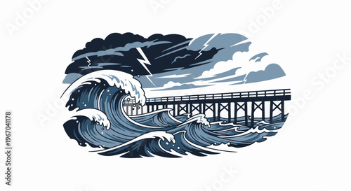 Crashing ocean waves beneath a stormy sky with lightning and a pier