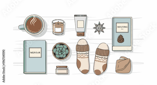Cozy winter scene with hot drink, books, socks, and candle