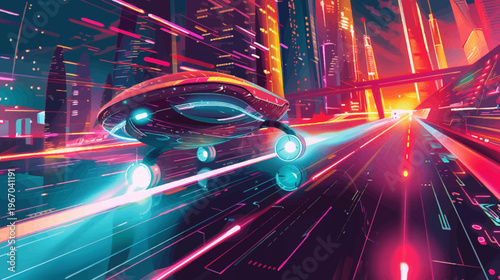 Futuristic vehicle flying through a neon cityscape at high speed