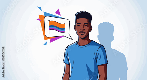 Young man in blue shirt with speech bubble containing pride flag