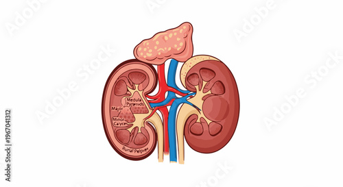 Anatomical illustration of a human kidney with internal structures labeled