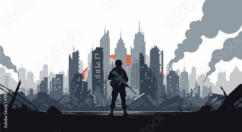 Solitary soldier surveys desolate, smoke-filled city skyline after conflict