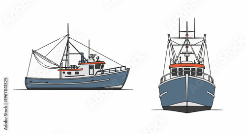 A fishing boat is shown from its side and front on a white background