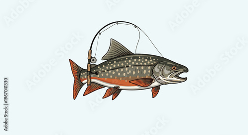 Speckled trout hooked on fishing rod, isolated on pale blue background