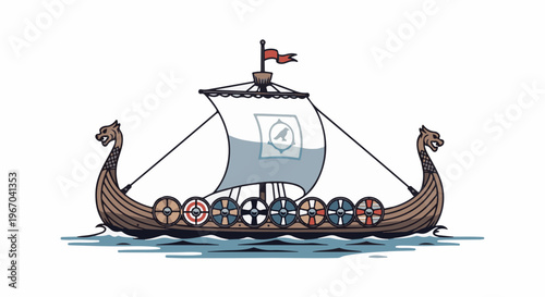 A detailed pixel art of a Viking ship with dragon heads and shields