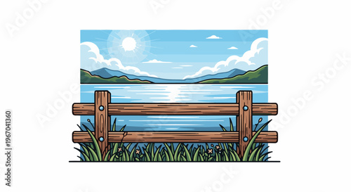Sunny day by a serene lake, with a wooden fence in the foreground