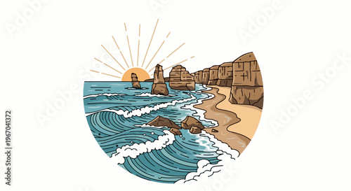 Coastal rock formations bathed in the warm glow of a rising sun