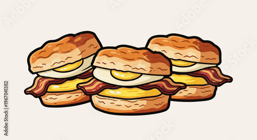 Three cartoonish breakfast biscuits with egg and bacon layers