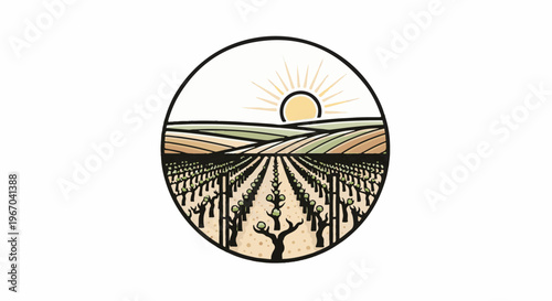 Circular logo with a stylized vineyard scene at sunrise