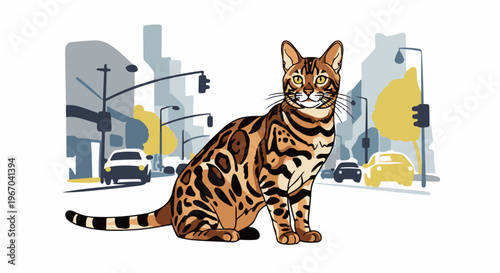 Stylish bengal cat sits on a street with cars and abstract city buildings