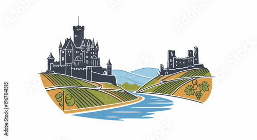 Stylized graphic of a river flowing past vineyards with two castles