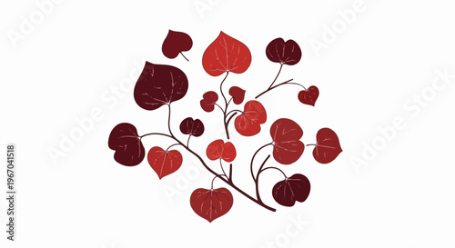A cluster of stylized heart-shaped leaves in shades of red and burgundy on thin stems