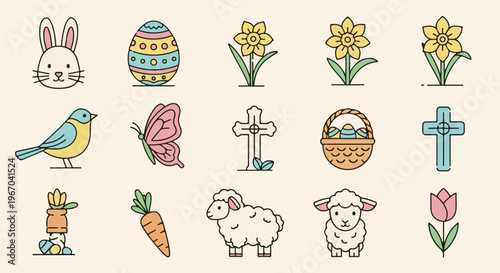 A collection of cheerful Easter-themed icons featuring cute animals and symbols