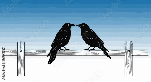 Two black birds perched on a wooden fence under a gradient blue sky