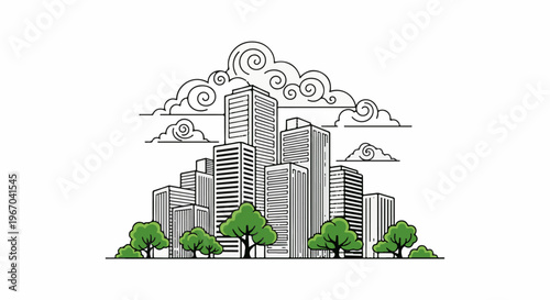 Stylized line art depicts a city skyline with tall buildings and green trees under swirling clouds