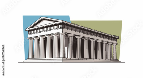 Stylized illustration of a classical Greek temple with columns and a pediment