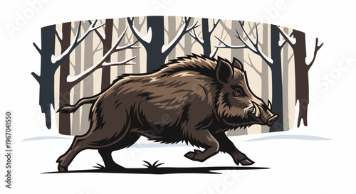 A wild boar runs through a snowy forest with bare trees