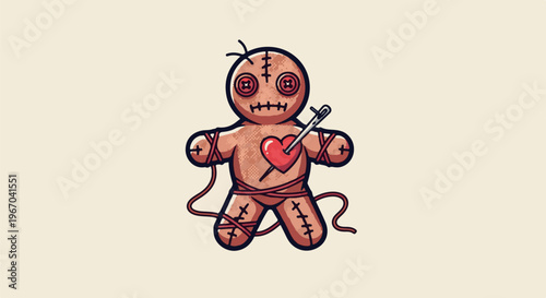 A voodoo doll with a needle piercing its heart and wrapped in string