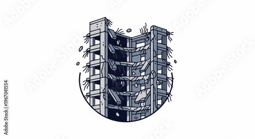 Stylized illustration of a destroyed concrete building, showing damage