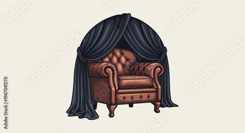 A classic brown leather armchair is partially draped with dark, flowing curtains