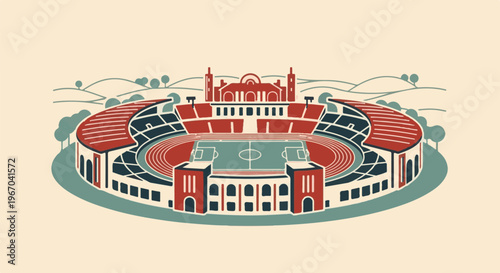Stylized illustration of a stadium with running track and football field