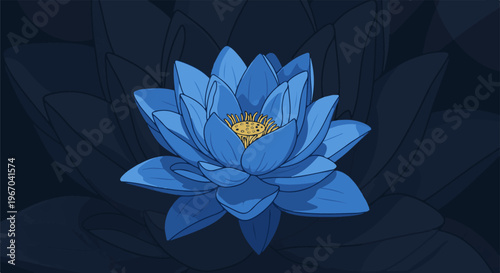 A close-up illustration of a vibrant blue lotus flower with a detailed yellow center