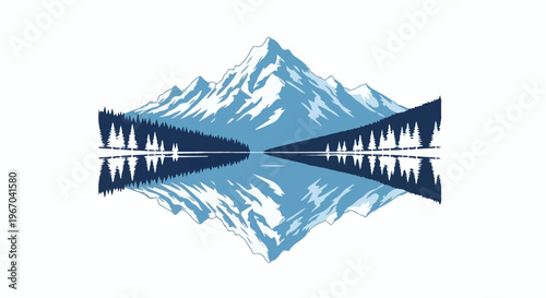 Stylized mountain range with pine trees reflected in a calm lake