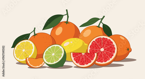 A vibrant cluster of assorted citrus fruits including oranges, lemons, limes, and grapefruits